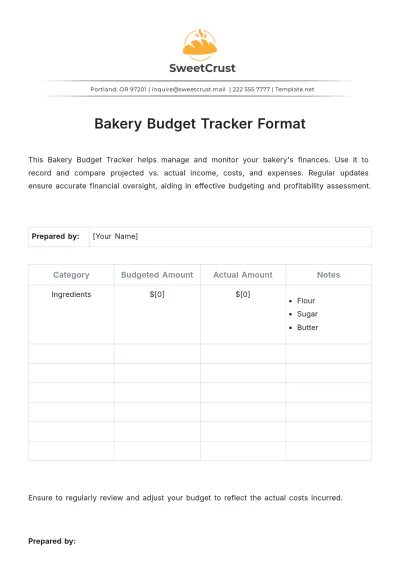 Free Bakery Budget Tracker Format Template to Edit Online