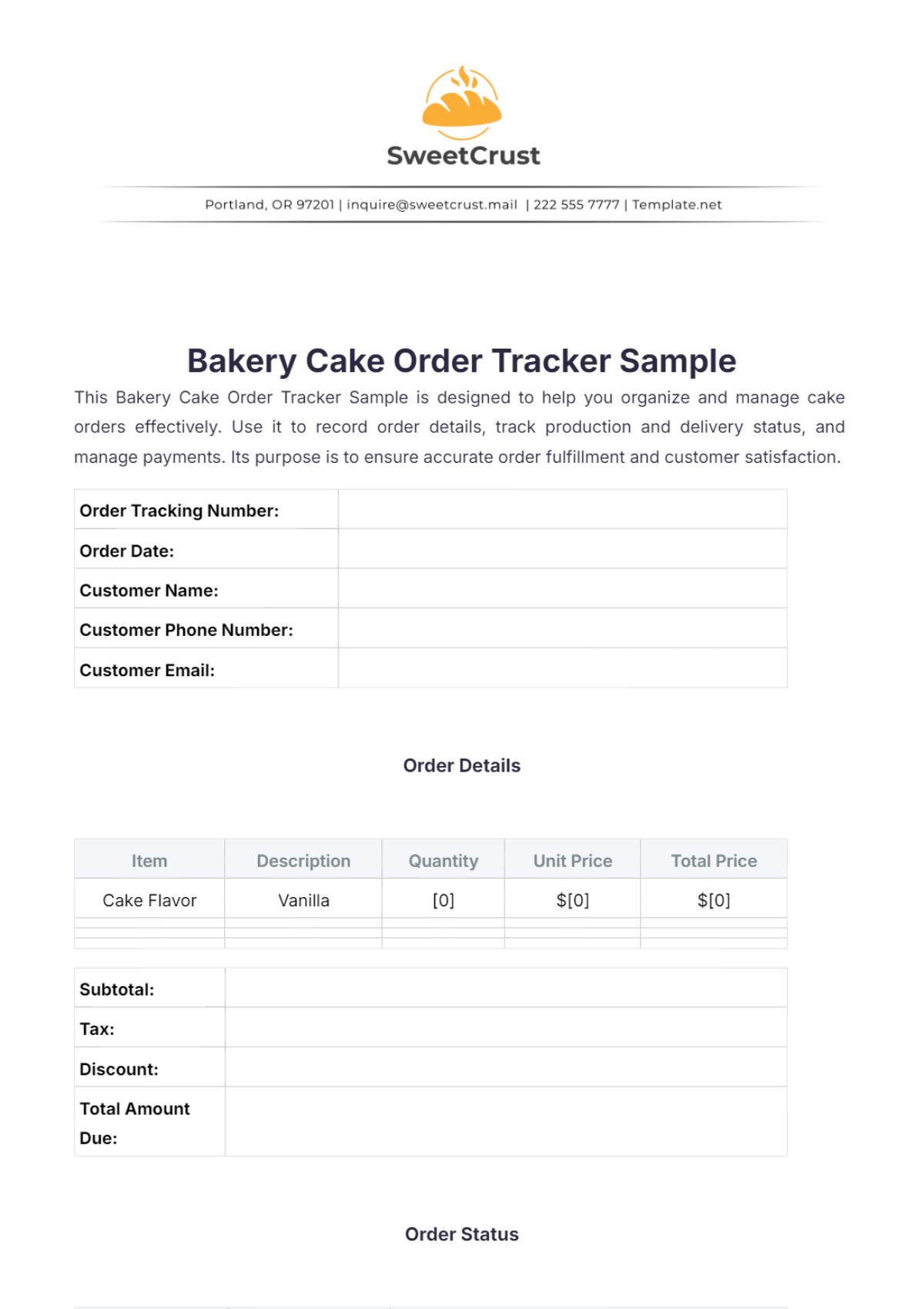 Bakery Cake Order Tracker Sample Template - Edit Online & Download