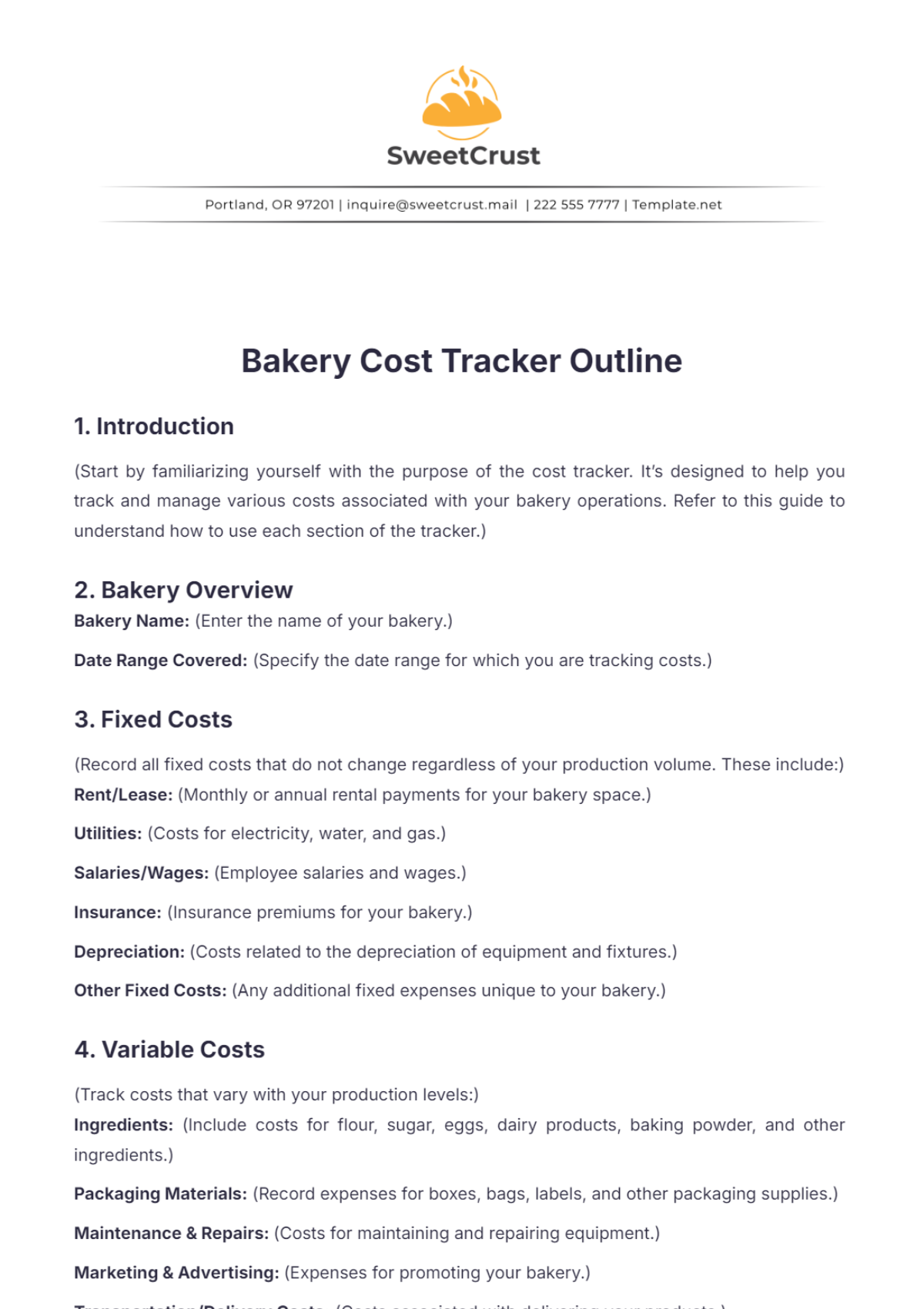 Bakery Cost Tracker Outline Template - Edit Online & Download