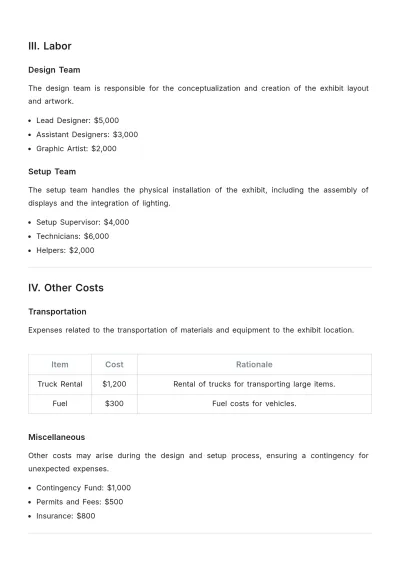 Free Exhibit Design Budget Justification Template to Edit Online