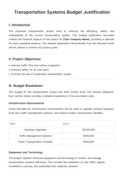 Free Transportation Systems Budget Justification Template to Edit Online