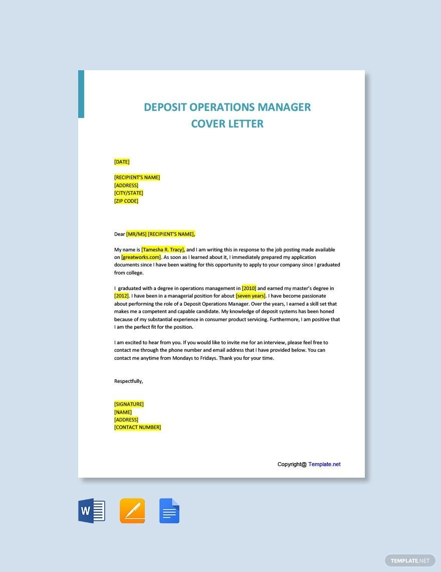 Deposit Operations Manager Cover Letter