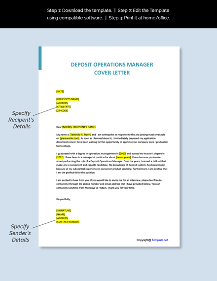 Deposit Operations Manager Cover letter Template