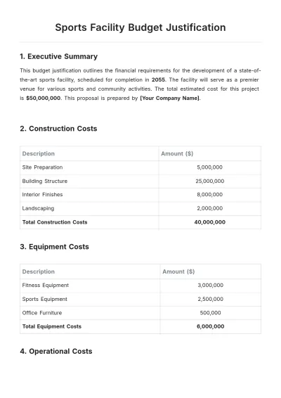 Free Sports Facility Budget Justification Template to Edit Online