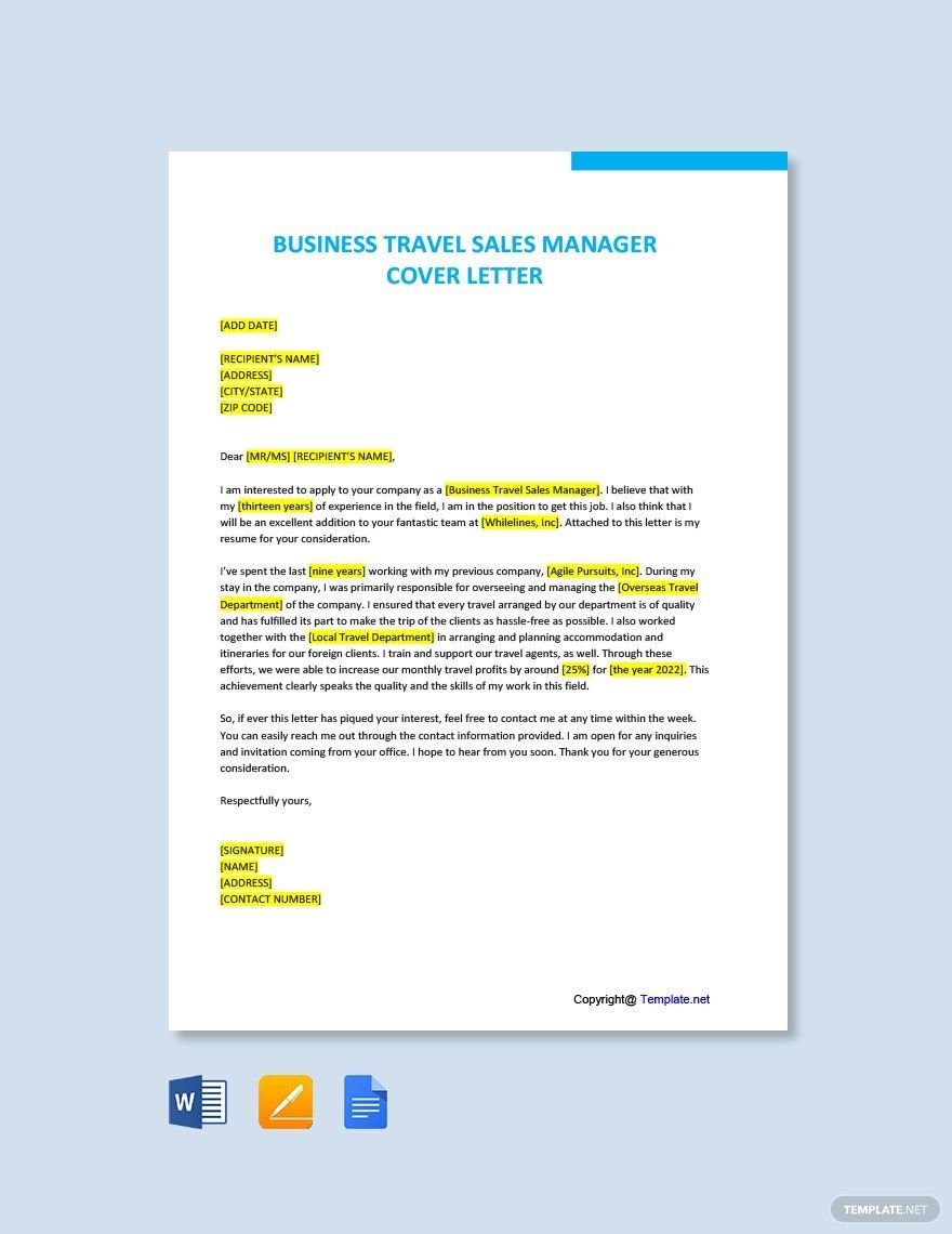 Business Travel Sales Manager Cover Letter 