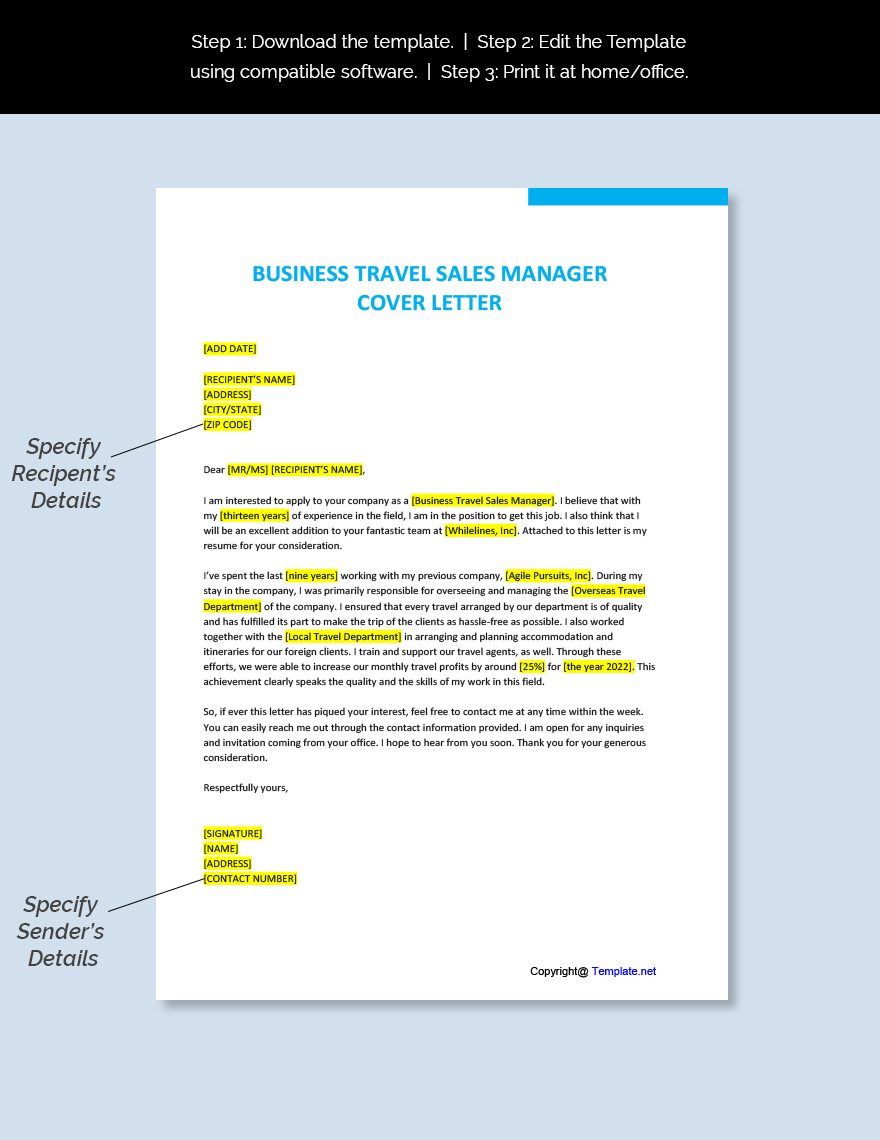 Business Travel Sales Manager Cover Letter Template