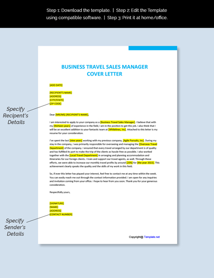 Business Travel Sales Manager Cover Letter Template - Google Docs, Word 