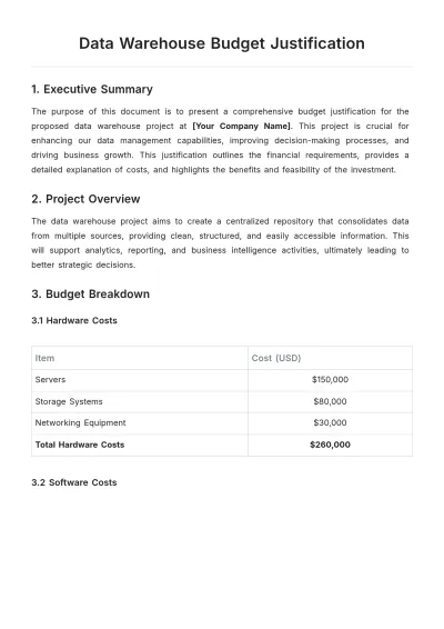 Free Data Warehouse Budget Justification Template to Edit Online