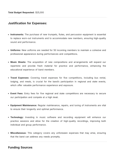 Free School Band Budget Justification Template to Edit Online