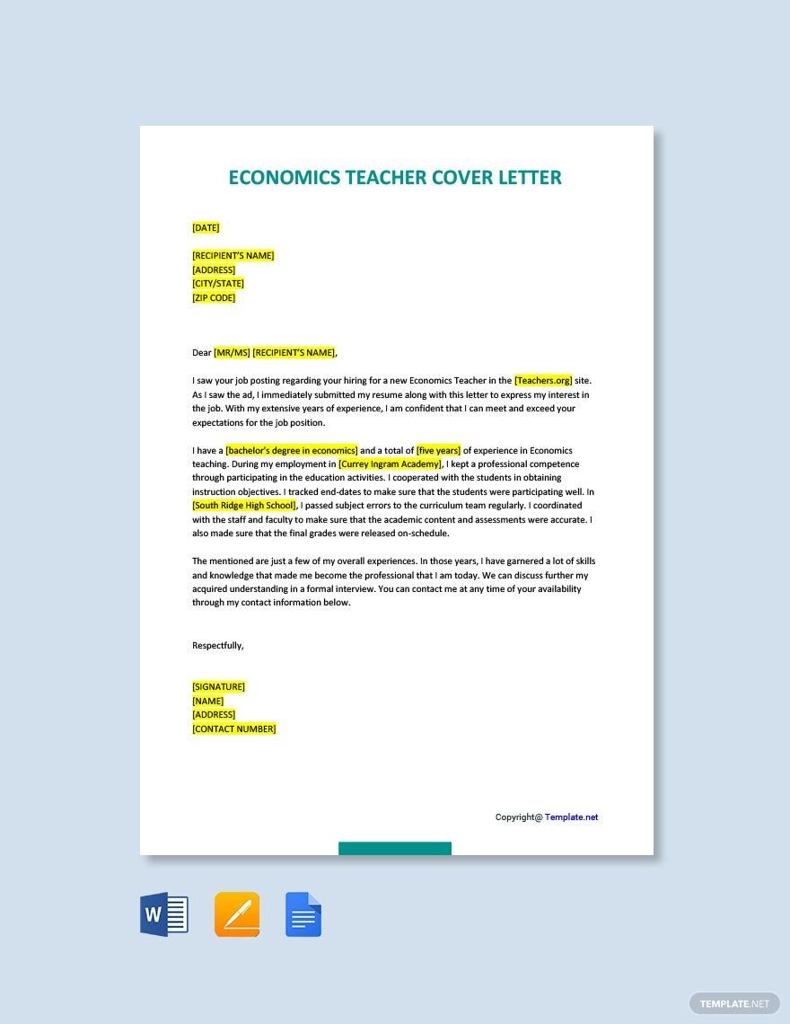 Economics Teacher Cover Letter in Word, Google Docs, PDF, Apple Pages