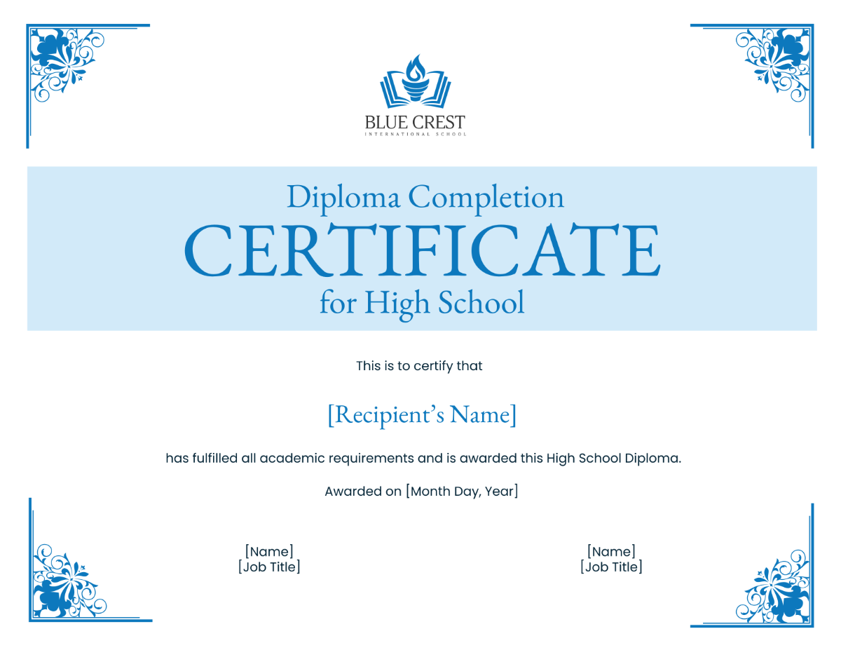 Diploma Completion Certificate for High School