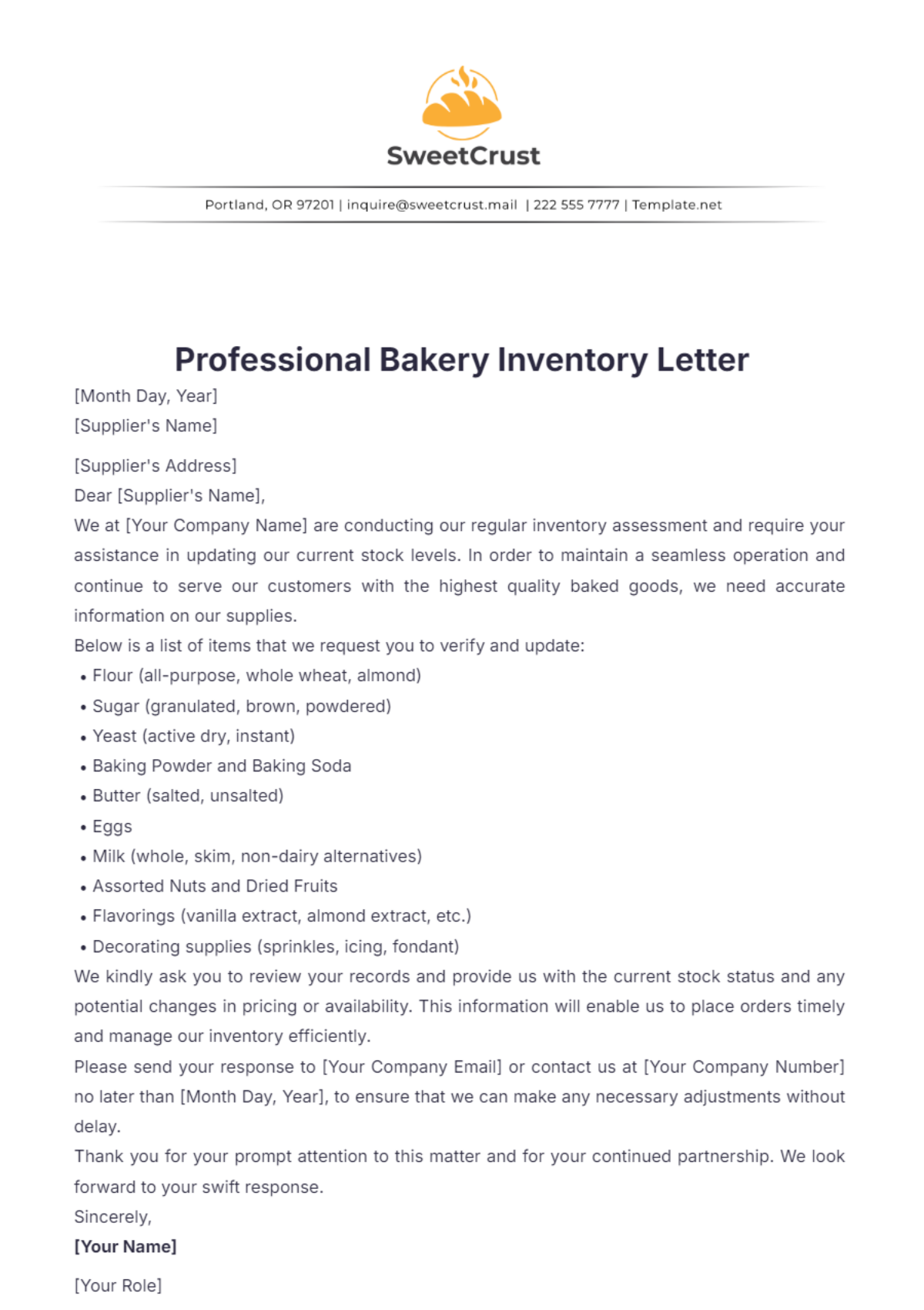 Professional Bakery Inventory Letter Template - Edit Online & Download