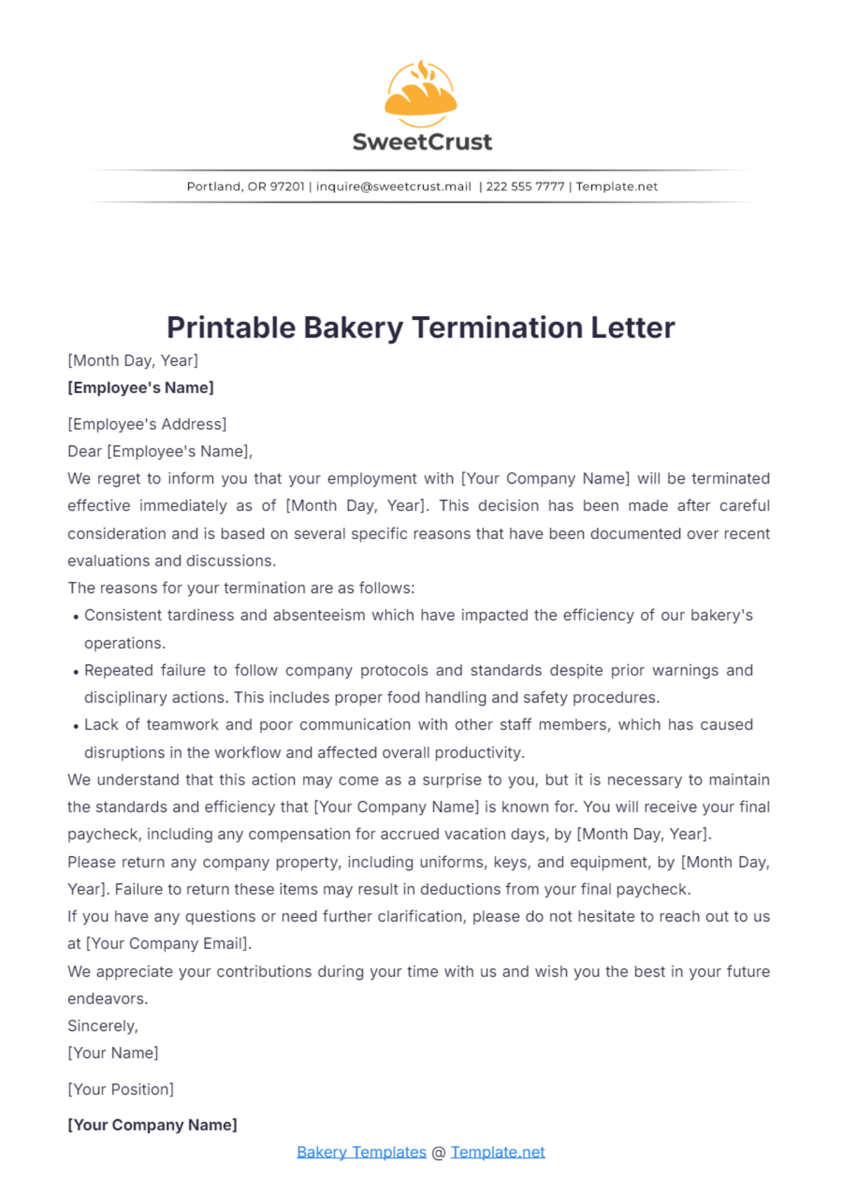 Printable Bakery Termination Letter Template - Edit Online & Download