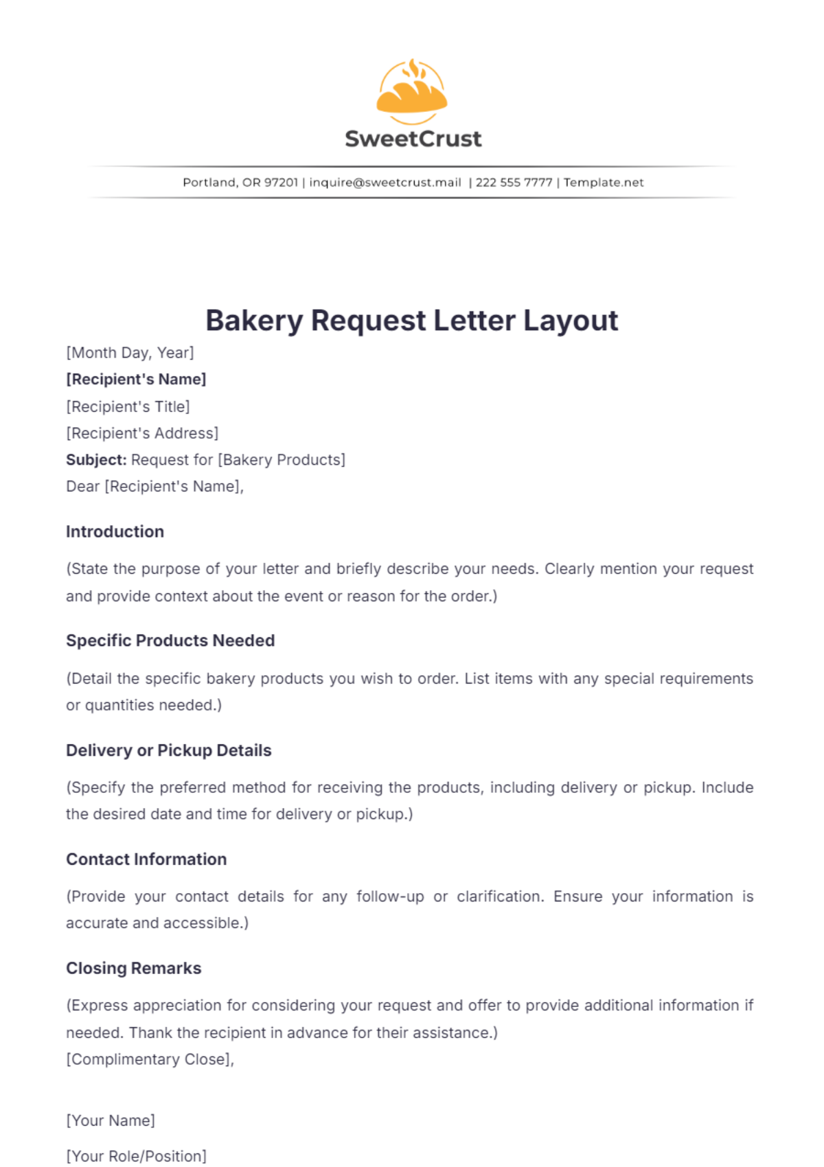 Bakery Request Letter Layout Template - Edit Online & Download