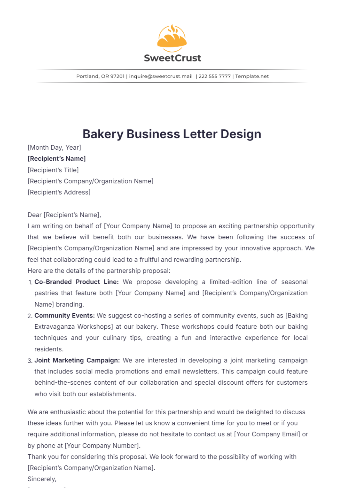 Bakery Business Letter Design Template - Edit Online & Download