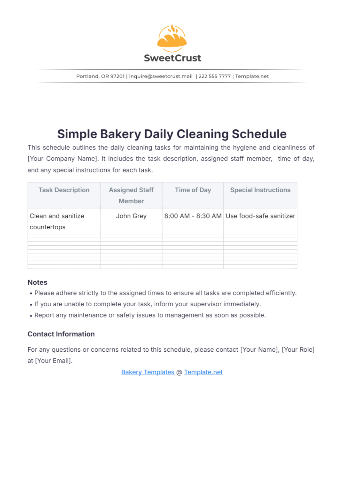 Simple Bakery Daily Cleaning Schedule Template - Edit Online & Download