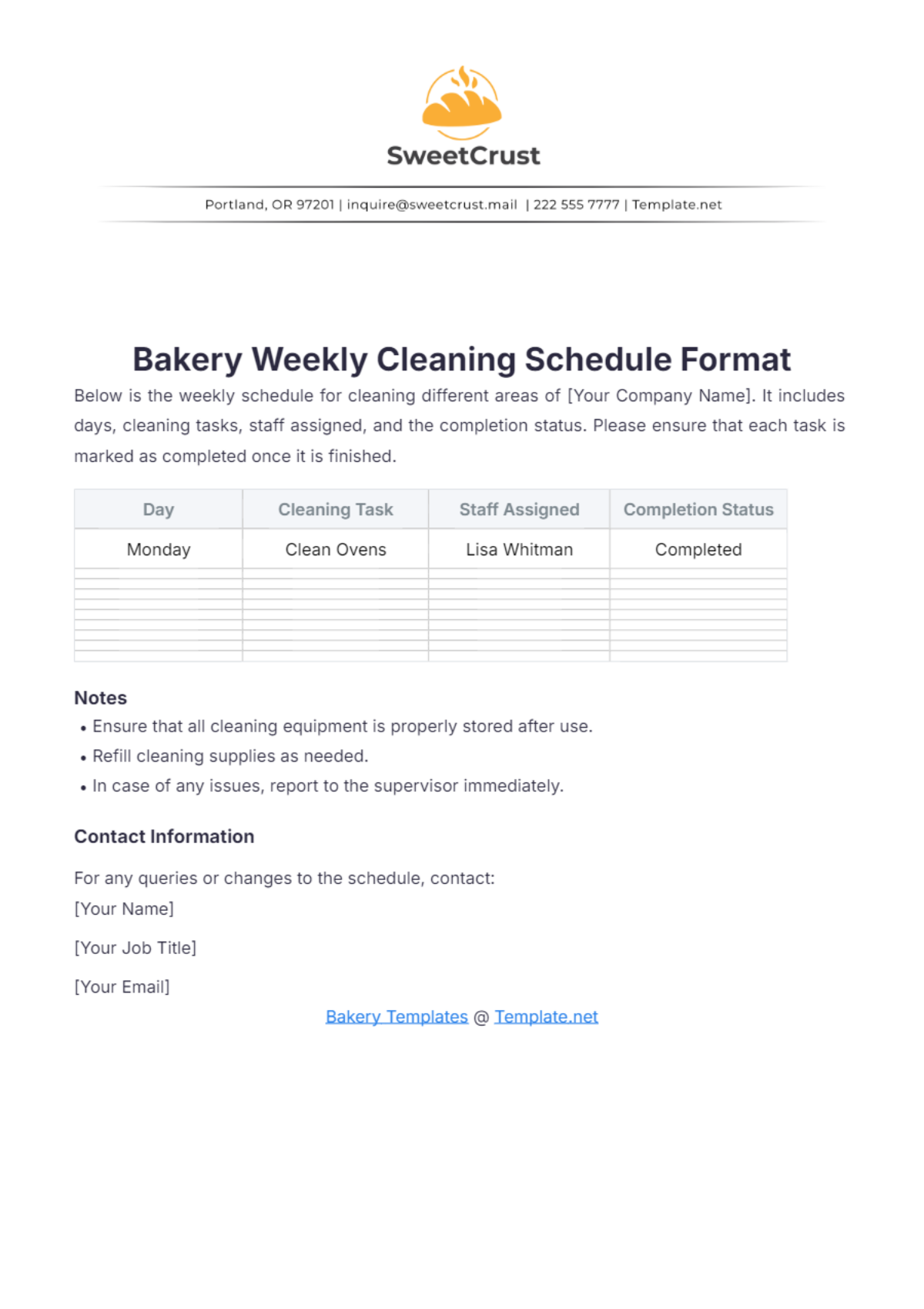 Bakery Weekly Cleaning Schedule Format Template - Edit Online & Download