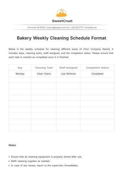 Free Bakery Weekly Cleaning Schedule Format Template to Edit Online