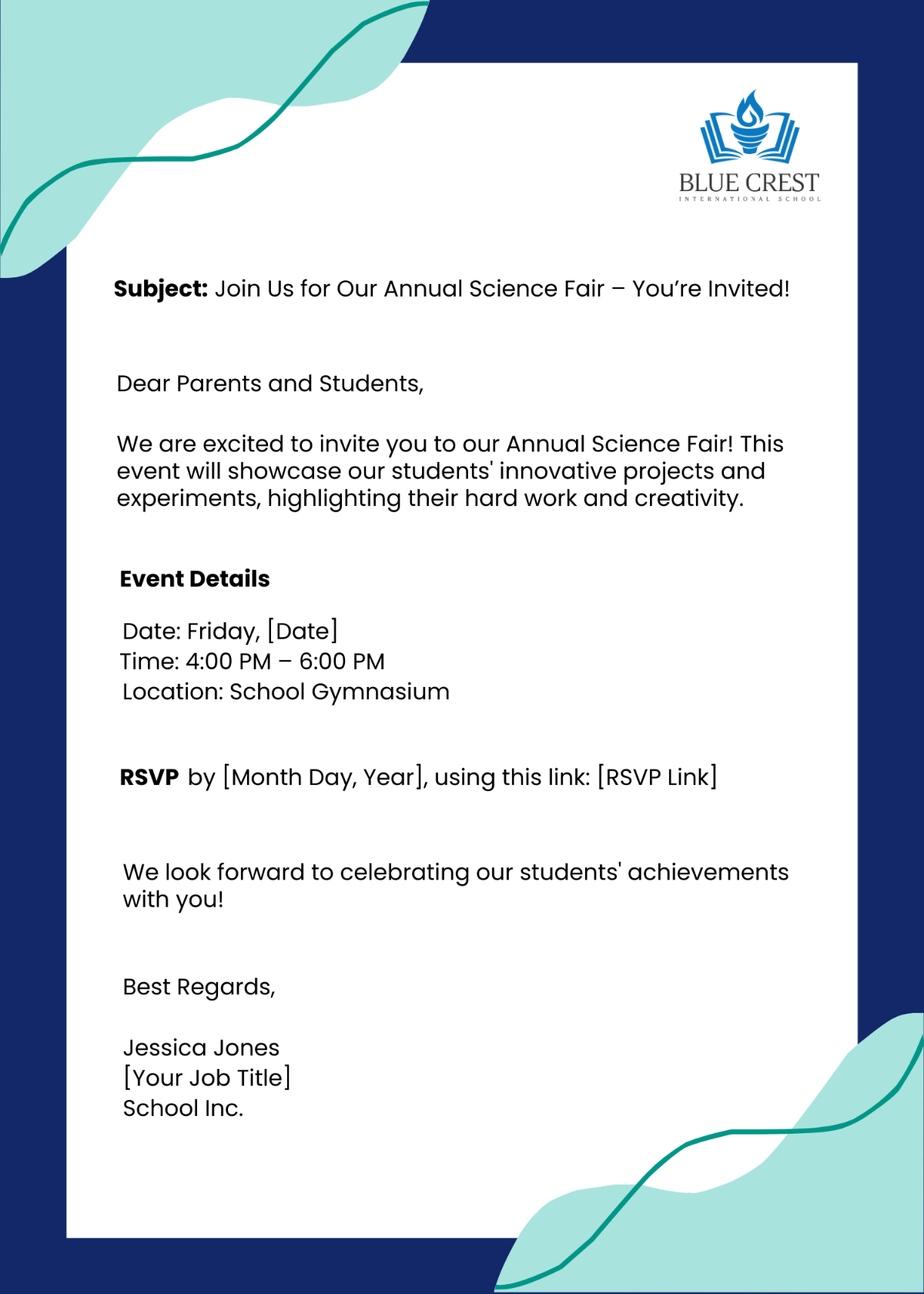 School Email Invitation Template