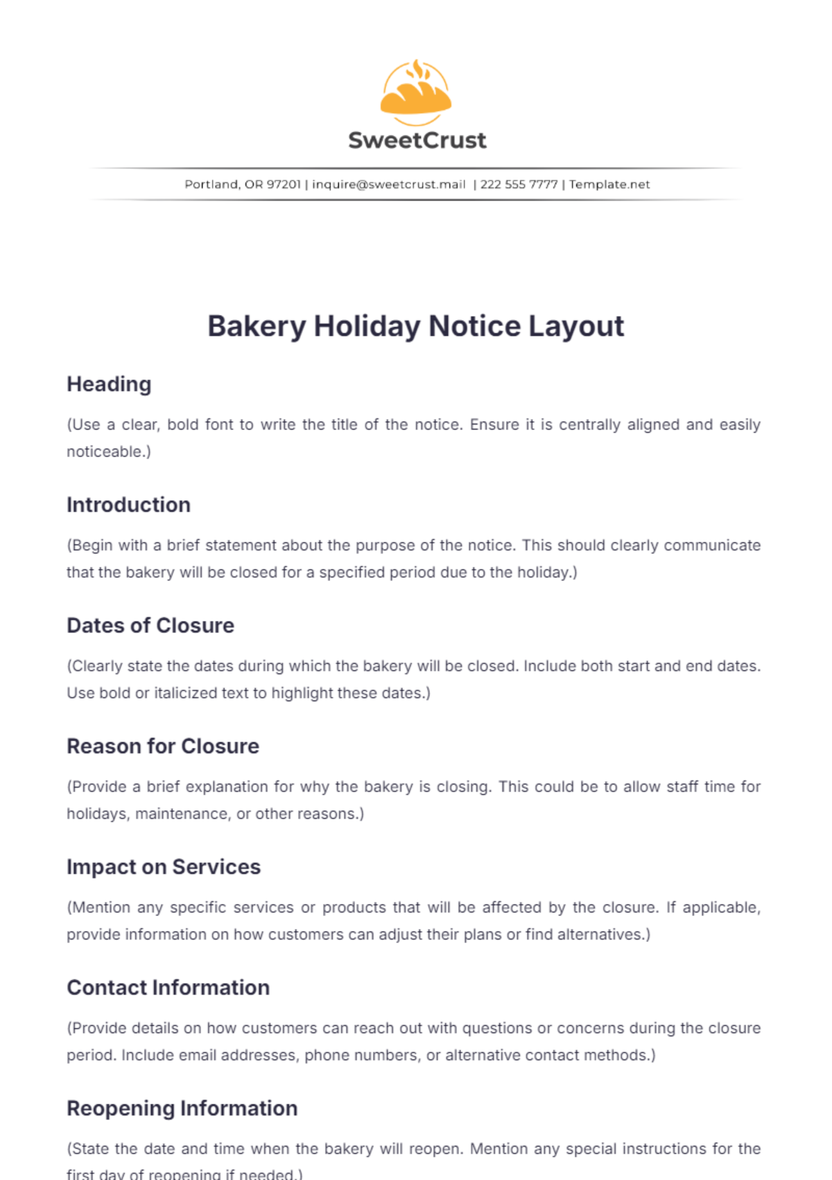 Bakery Holiday Notice Layout Template - Edit Online & Download