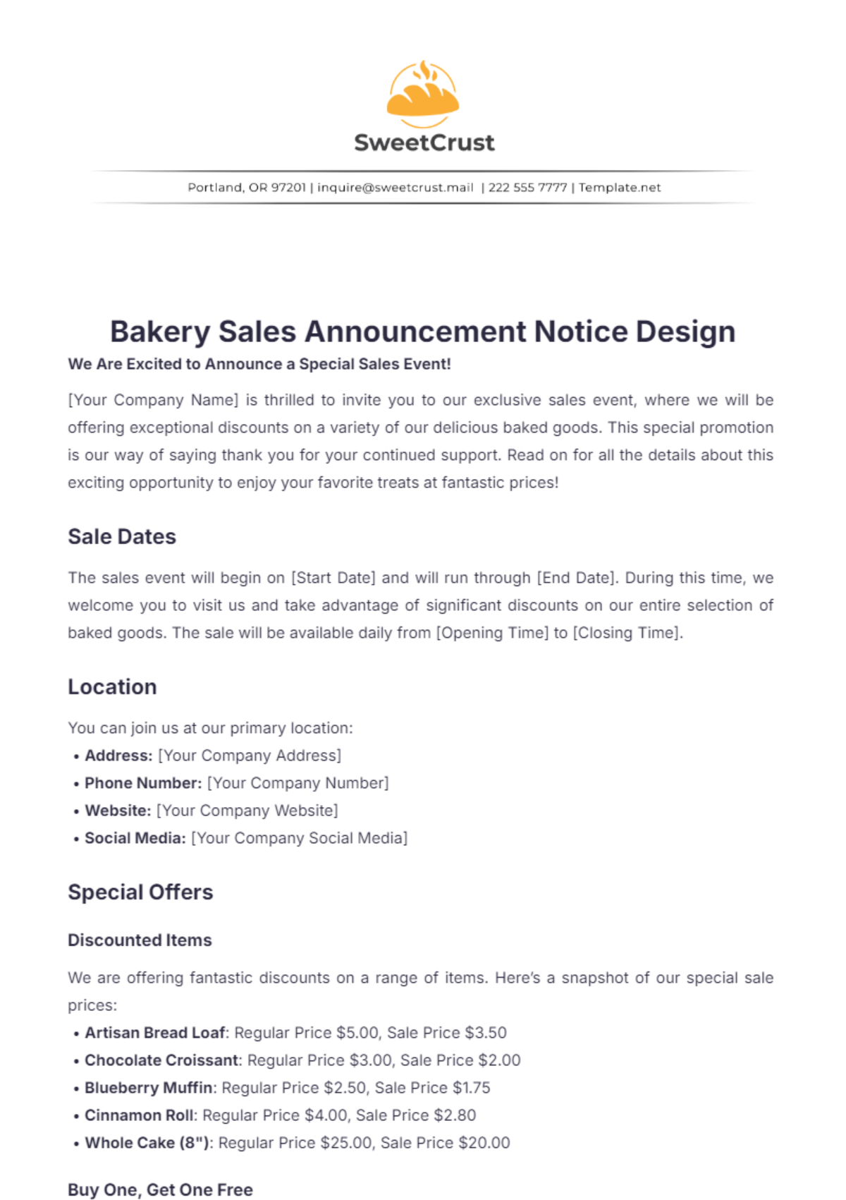 Free Bakery Sales Announcement Notice Design Template