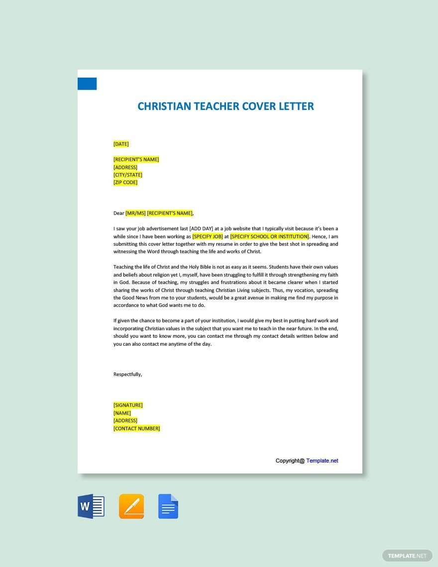 Christian Teacher Cover Letter Template