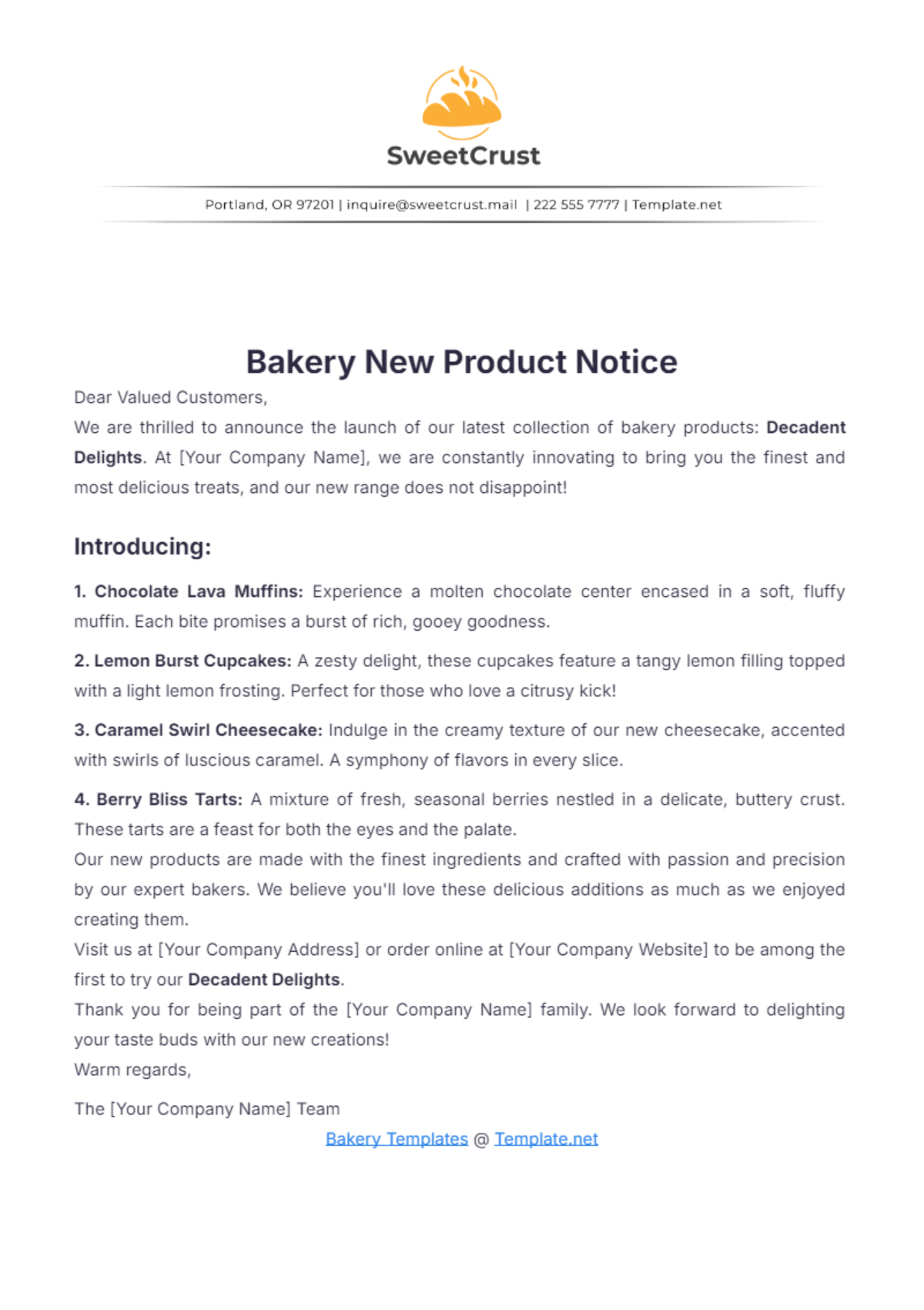 Bakery New Product Notice Template - Edit Online & Download