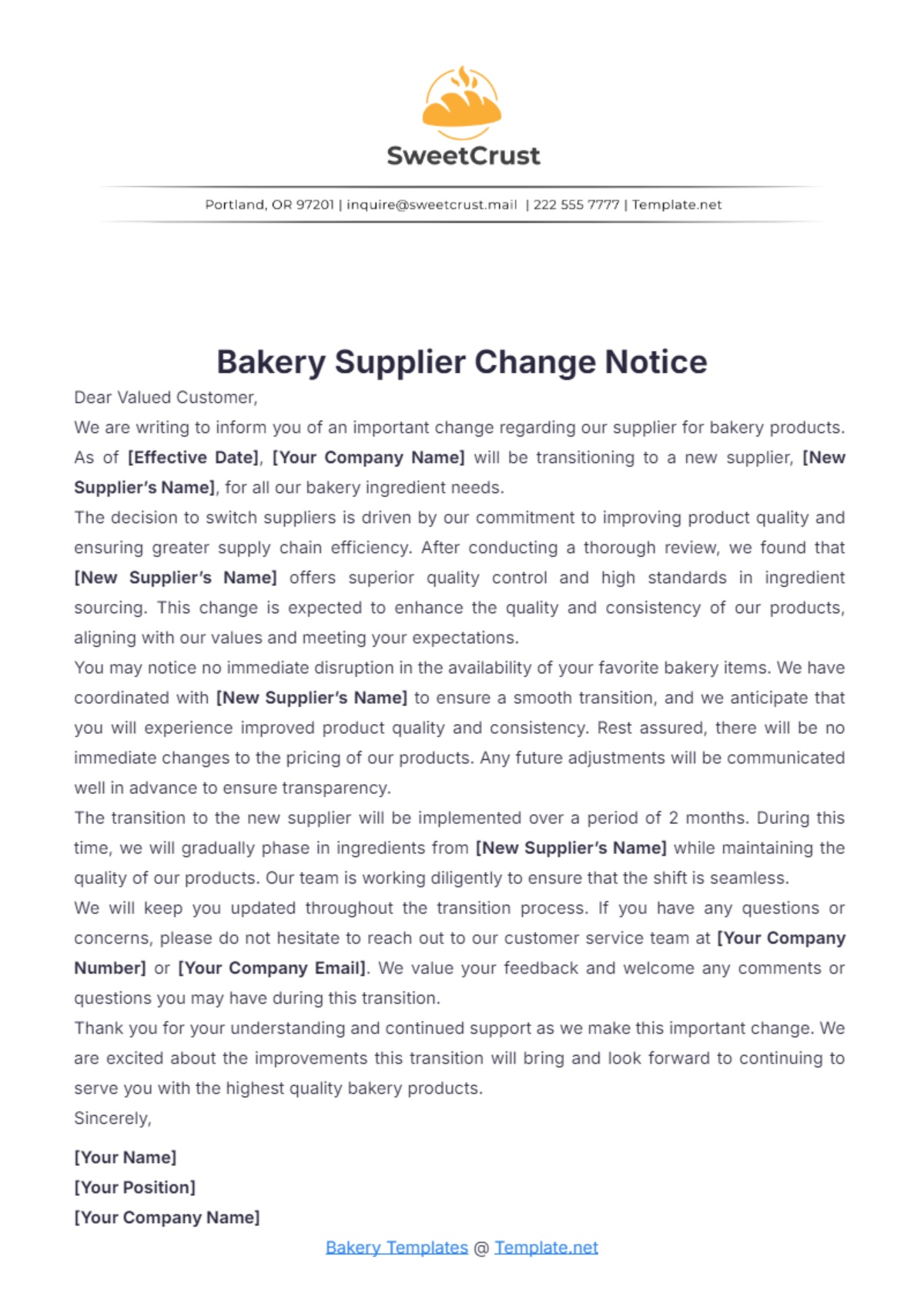 Bakery Supplier Change Notice Template - Edit Online & Download