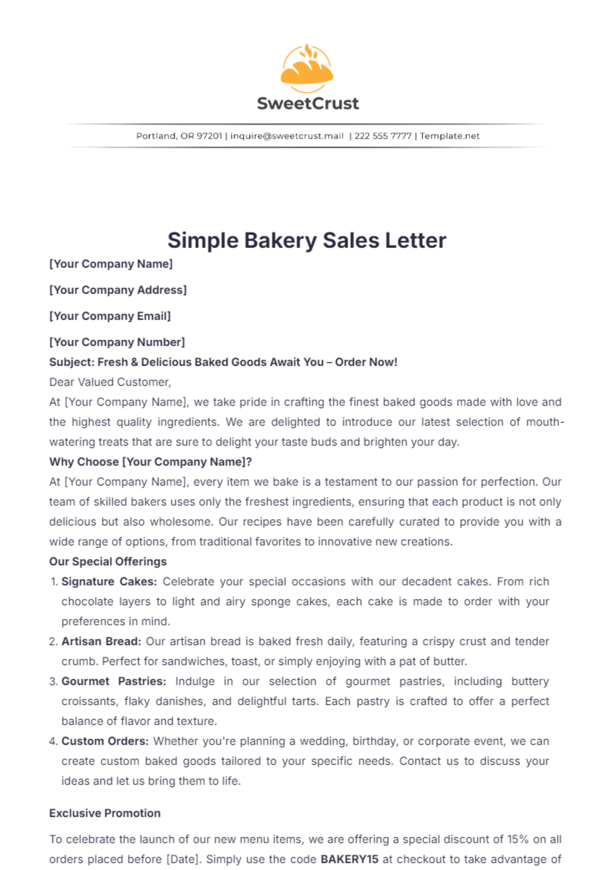 Simple Bakery Sales Letter Template - Edit Online & Download