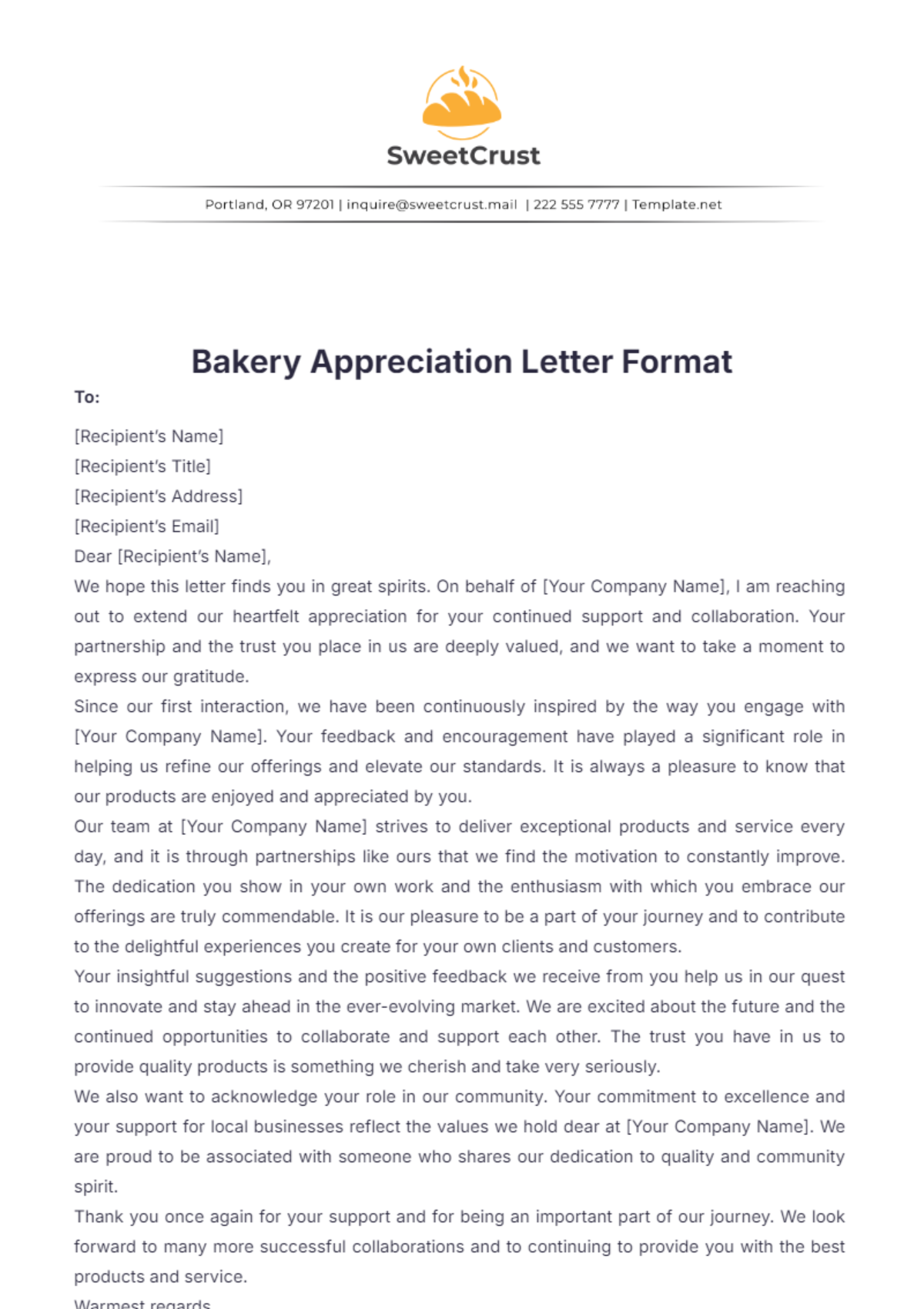 Bakery Appreciation Letter Format Template - Edit Online & Download