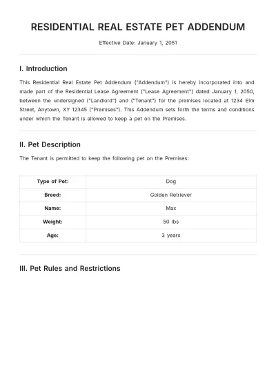Free Residential Real Estate Pet Addendum Template to Edit Online