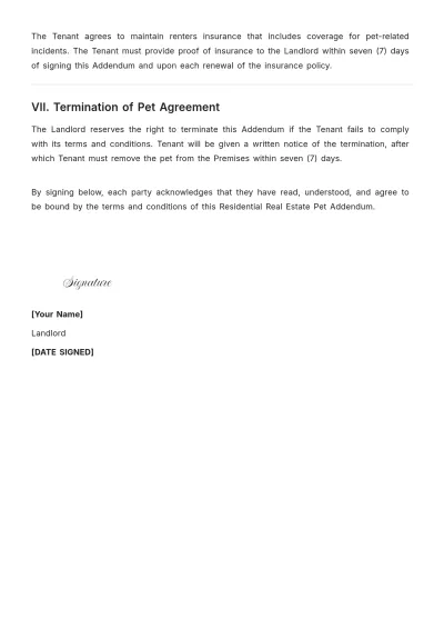 Free Residential Real Estate Pet Addendum Template to Edit Online