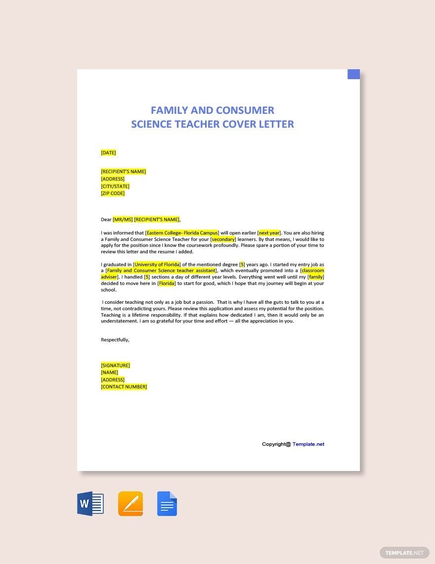 Free Family And Consumer Science Teacher Cover Letter Template