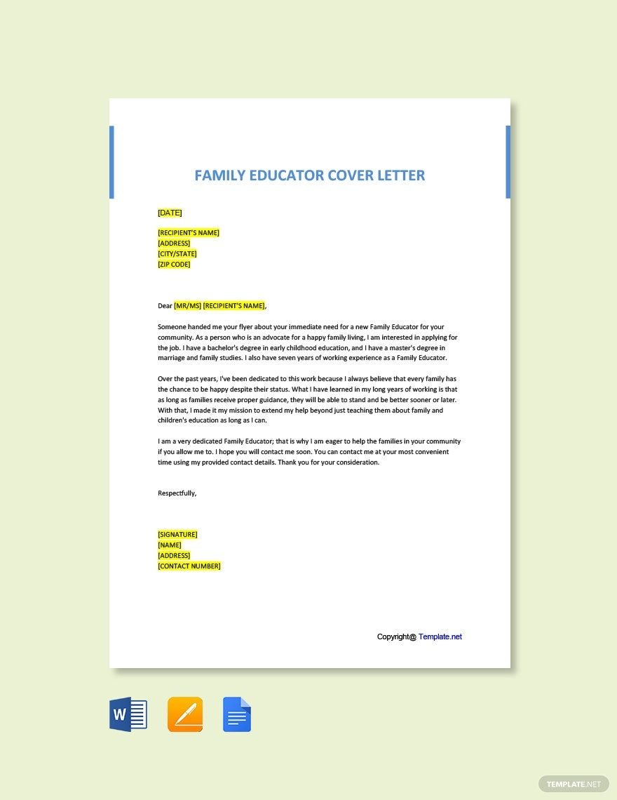 Free Family Educator Cover Letter Template