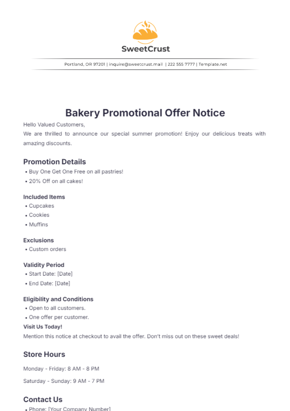 Bakery Promotional Offer Notice Template - Edit Online & Download