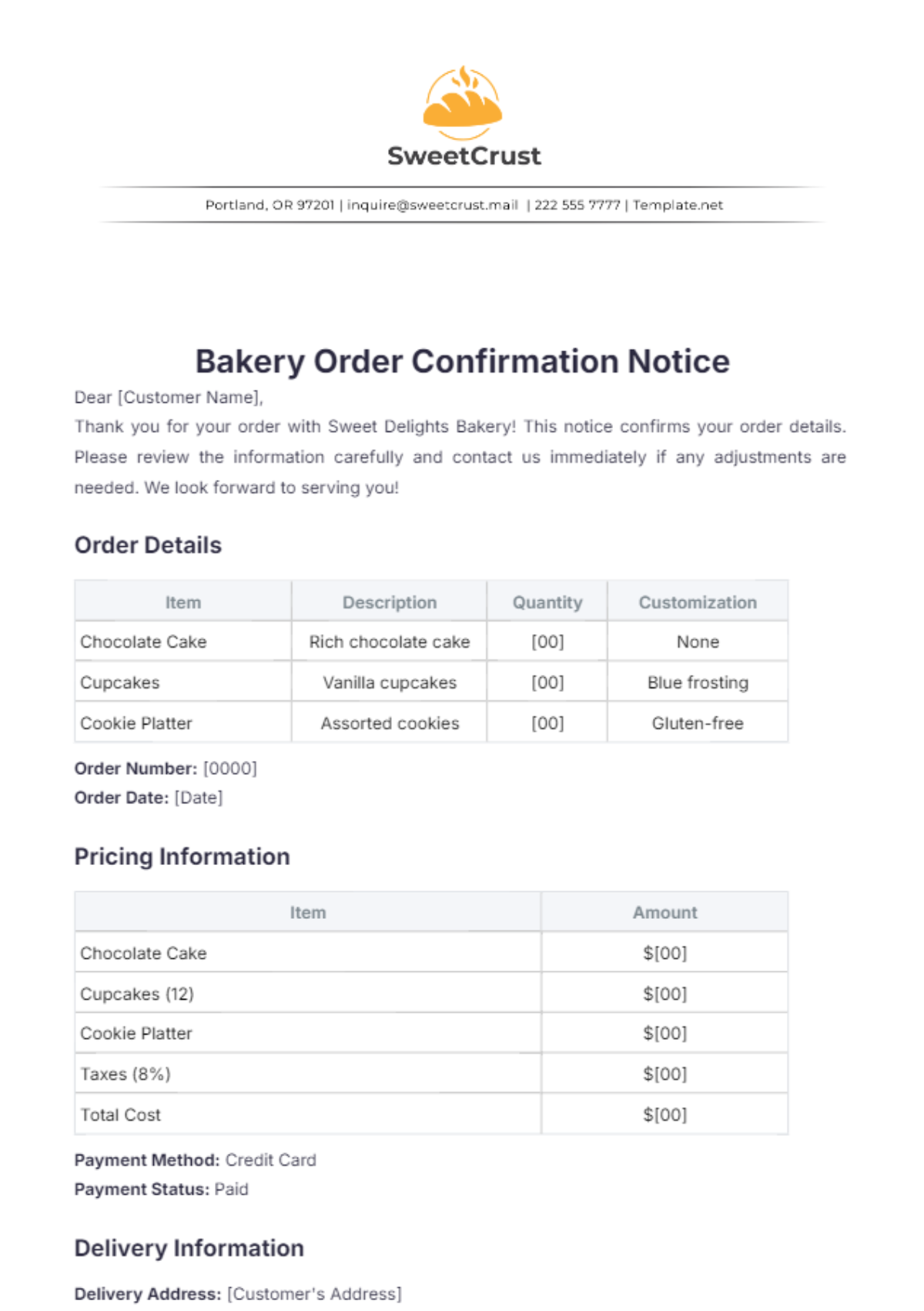 Bakery Order Confirmation Notice Template - Edit Online & Download