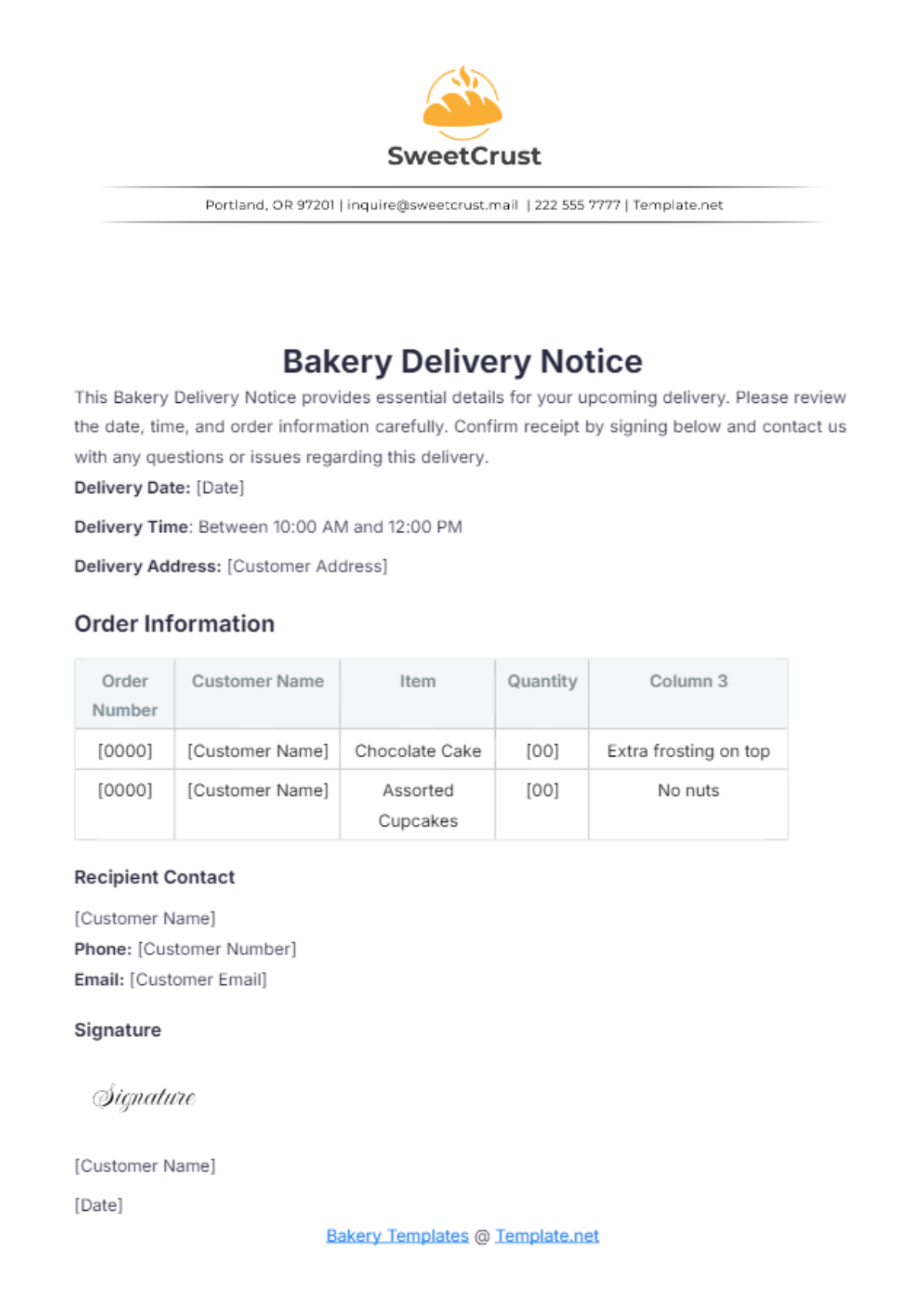 Bakery Delivery Notice Template - Edit Online & Download