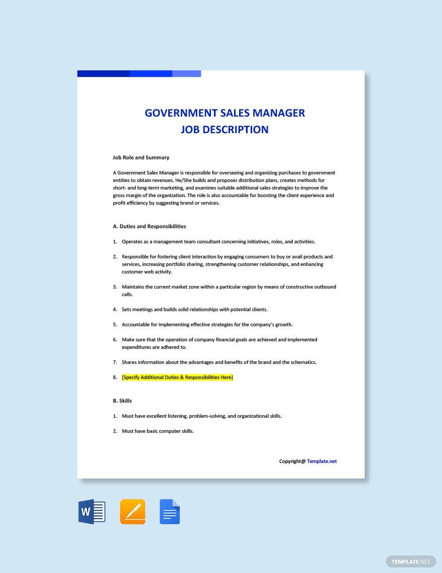 Free Government Sales Manager Job Description Template