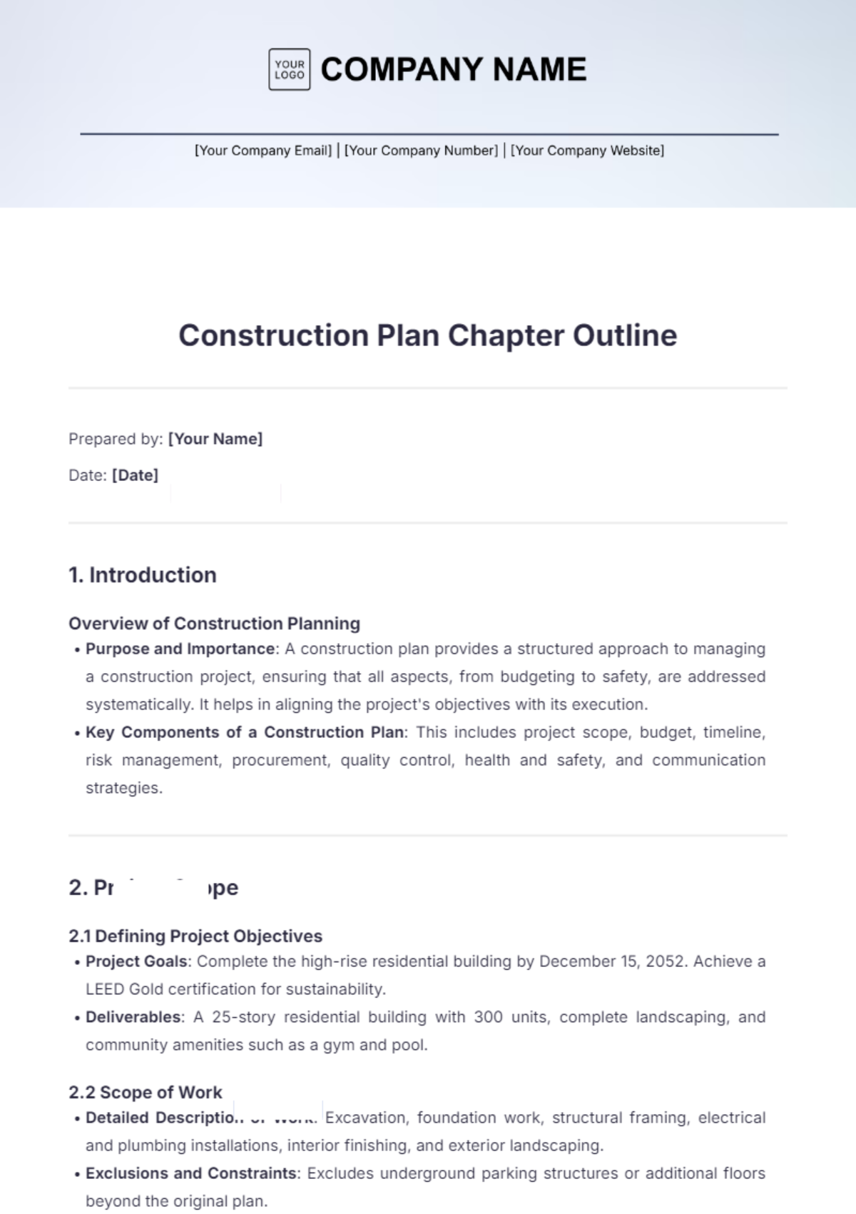 Construction Plan Chapter Outline Template - Edit Online & Download