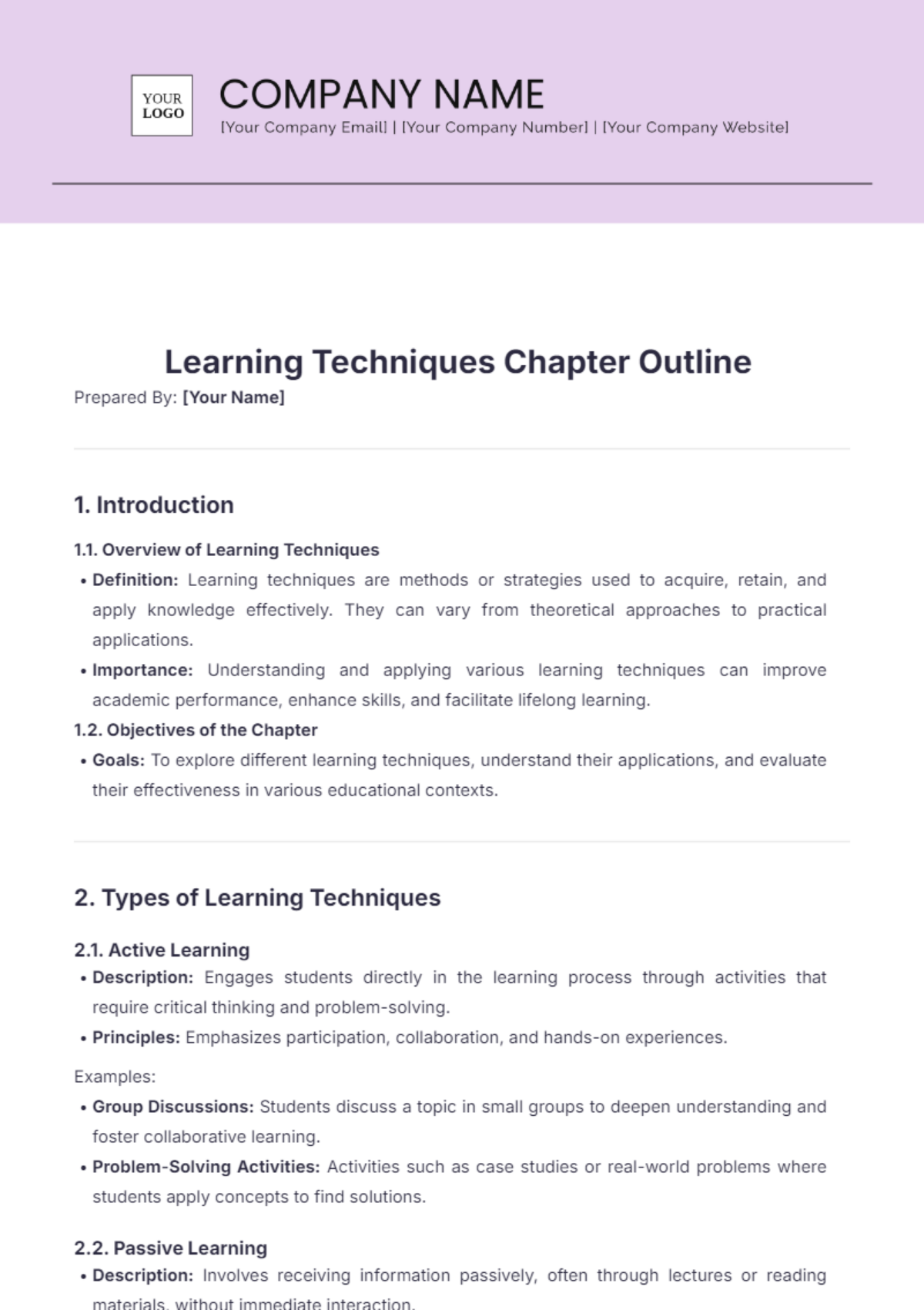 Learning Techniques Chapter Outline Template - Edit Online & Download