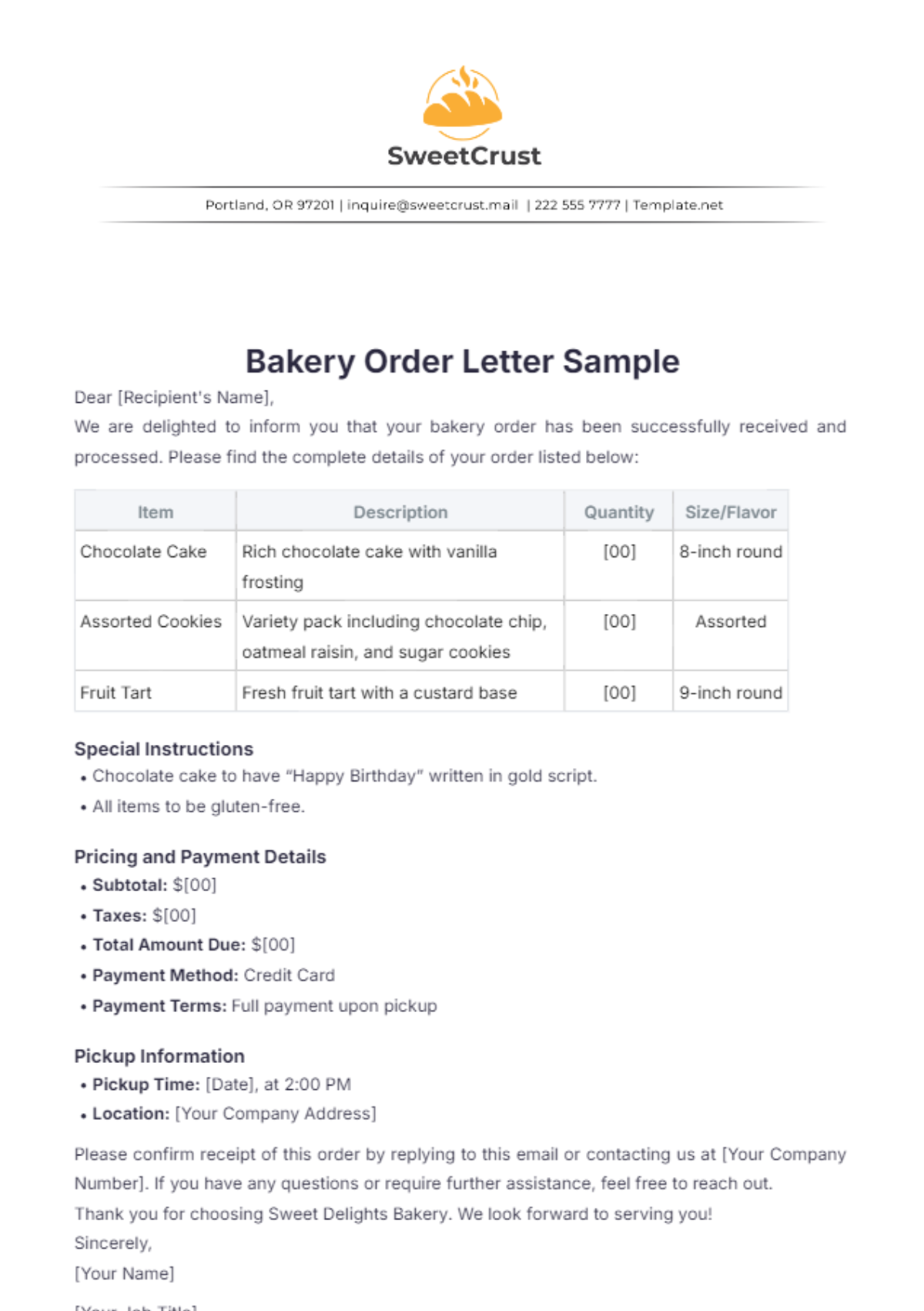 Bakery Order Letter Sample Template - Edit Online & Download