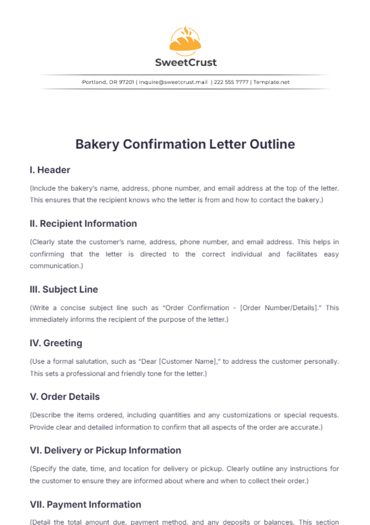 Bakery Confirmation Letter Outline Template - Edit Online & Download