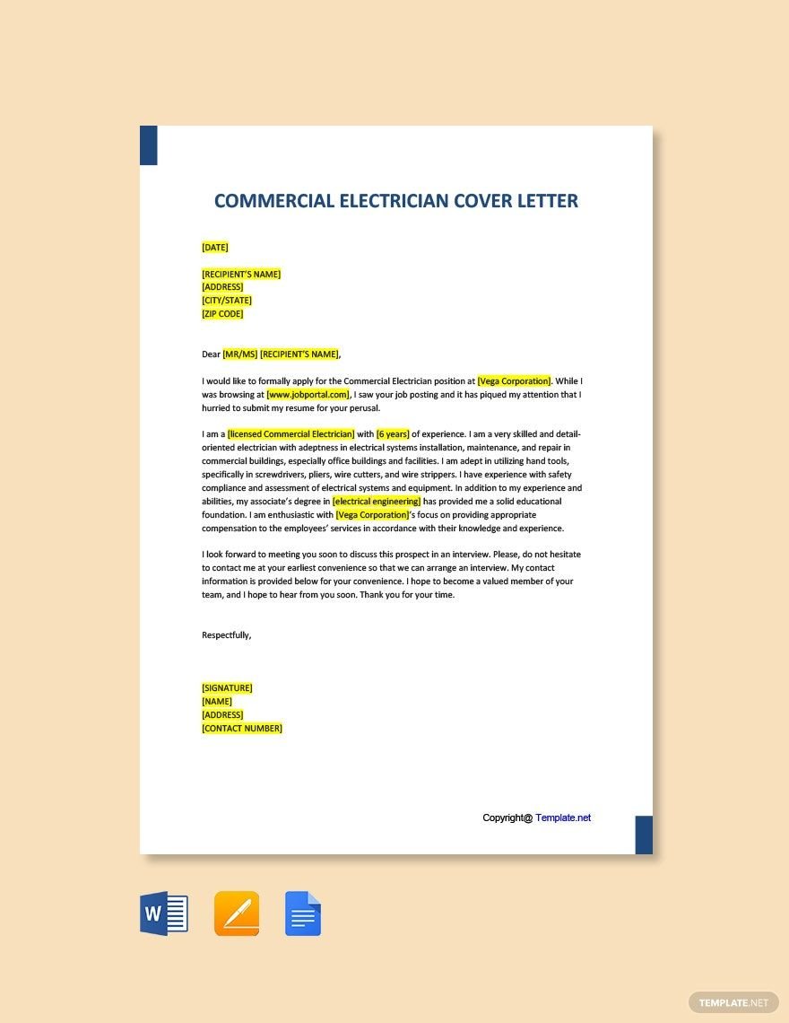 Commercial Electrician Cover Letter Template