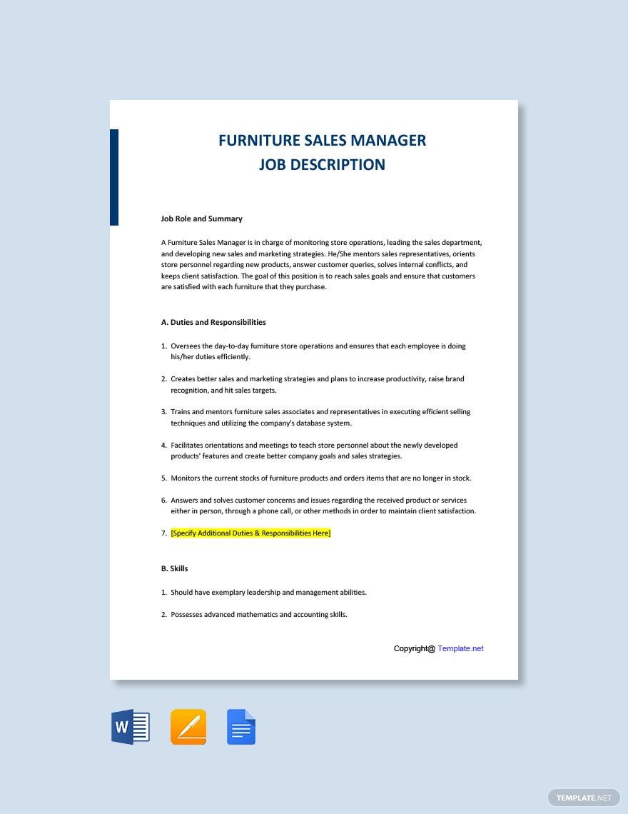 Furniture Sales Manager Job Description Template