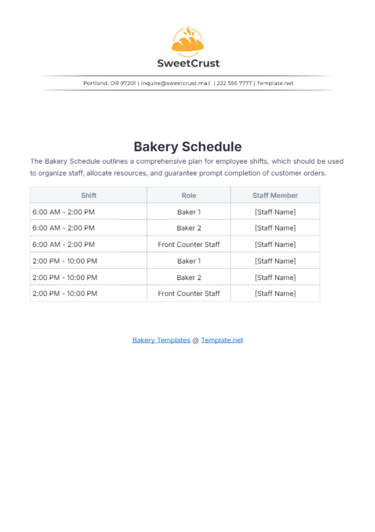 Bakery Schedule Template - Edit Online & Download