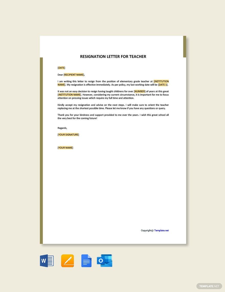 Resignation Letter for Teacher in Word, Google Docs, PDF, Apple Pages, Outlook