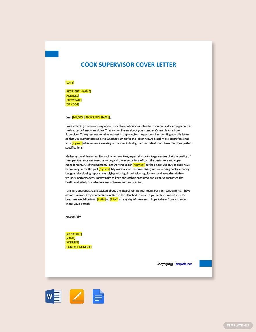 Cook Supervisor Cover Letter