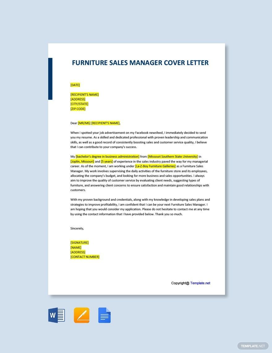 Free Furniture Sales Manager Cover Letter in Word, Google Docs, PDF, Apple Pages