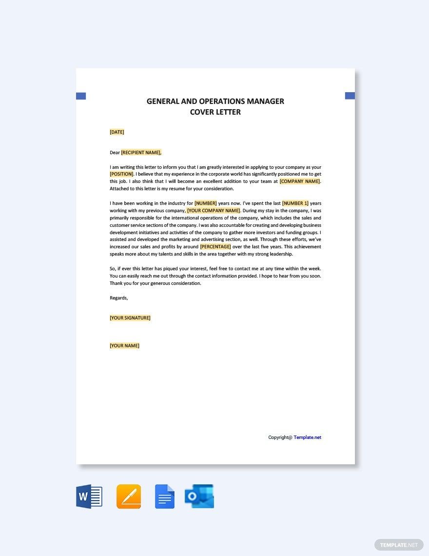 General and Operations Manager Cover Letter Template
