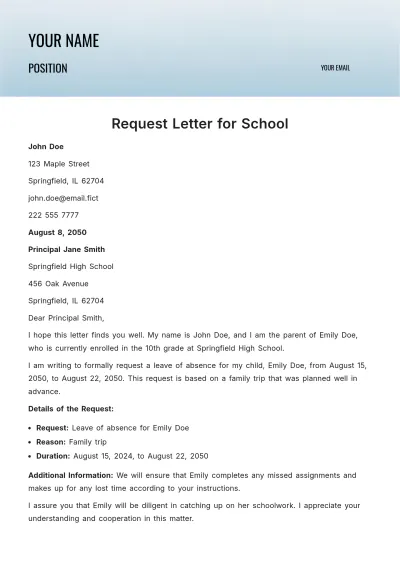Free Request Letter for School Template to Edit Online